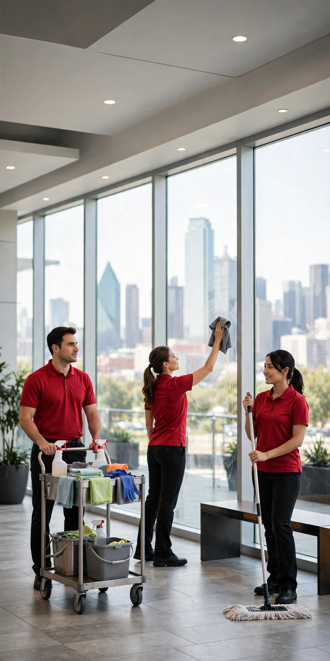 Élite cleaning crew in red polos working in a Dallas office lobby