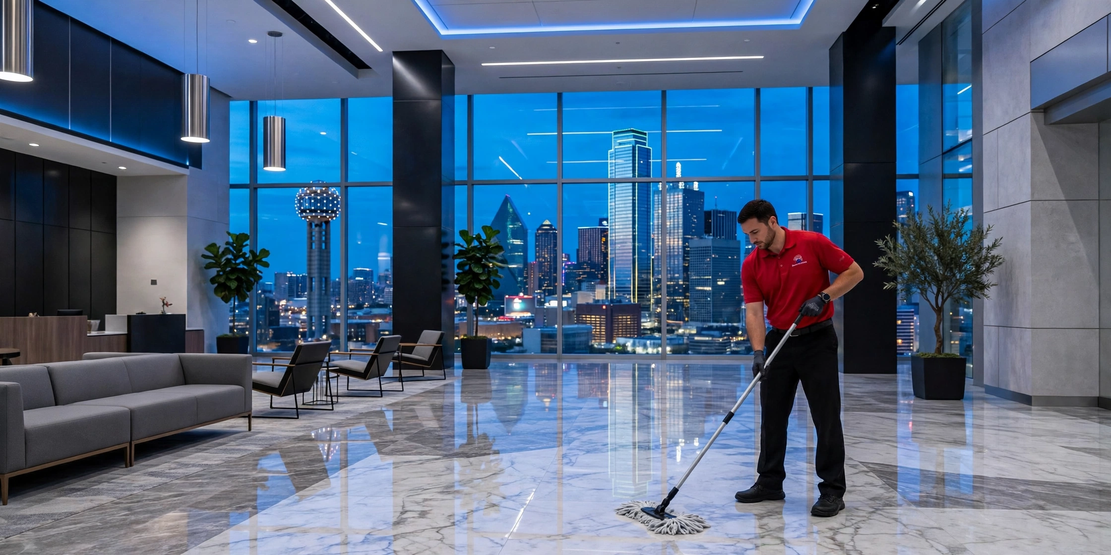 Élite cleaning professional polishing a marble lobby floor with the Dallas skyline behind him