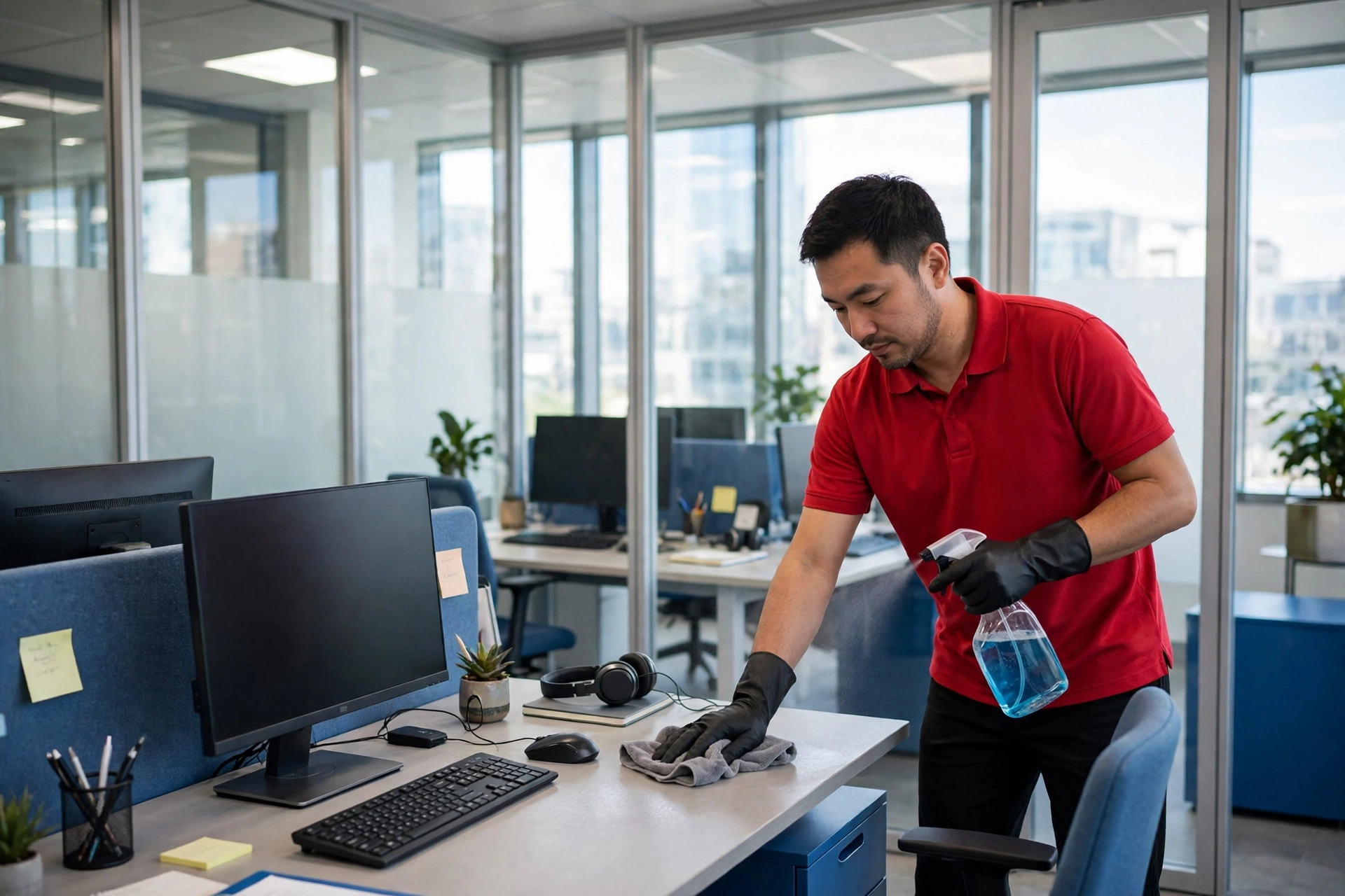 Élite cleaner sanitizing desks and workstations in a modern office